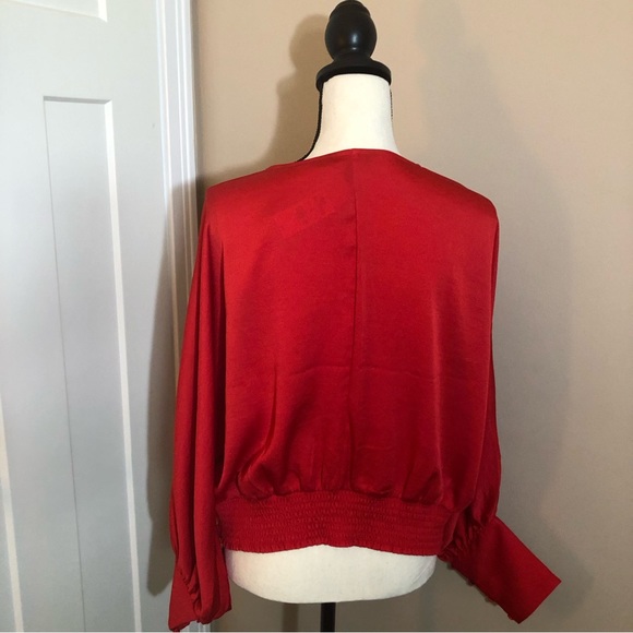 Express Red Long sleeve blouse cross front button cuffs (L) NEW WITH TAGS - Picture 3 of 9